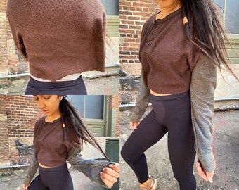 Waffle Shirt Cropped Long Sleeve Long 