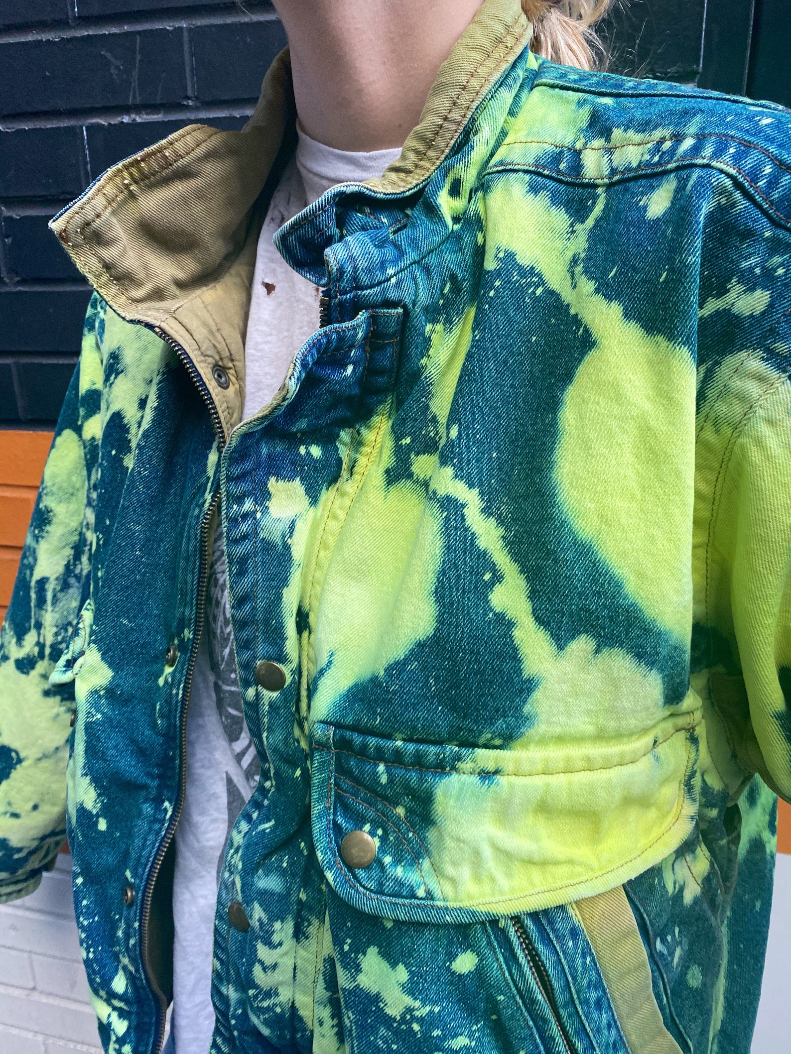 Tie Dyed Denim Jacket Bleached Denim Jacket Neon Yellow Etsy