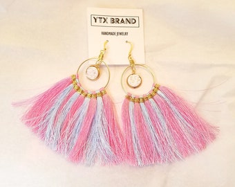 Tassel Druzy Hoop Earrings, Statement Earrings, Spring Jewelry, Gold, Fringe Earrings