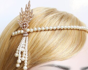 Gold Gatsby Headpiece 1920s Wedding Headband Pearl Bridal Tiara Downton Abbey Great Gatsby Tassel headband for Bride Bridesmaids Prom