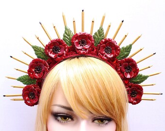 Red Poppy Flower Headband Poppies Halo Crown Enamel Flower Tiara Poppy Crown