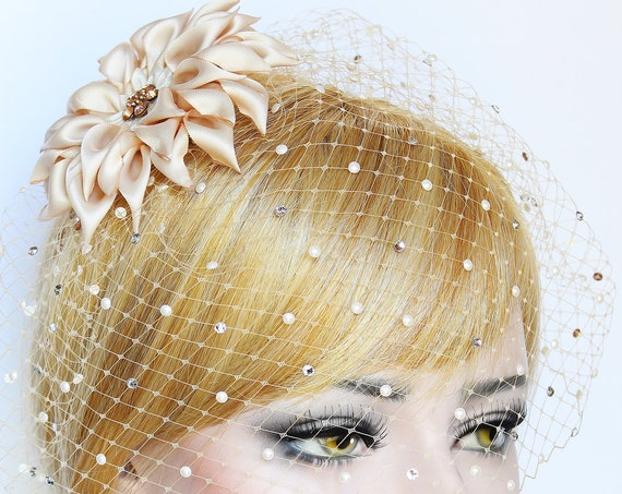 Floral Birdcage Veil with pearls Dahlia Wedding Hair clip Bridal Fascinator French net Crystal Blusher Veil Wedding Bird Cage veil