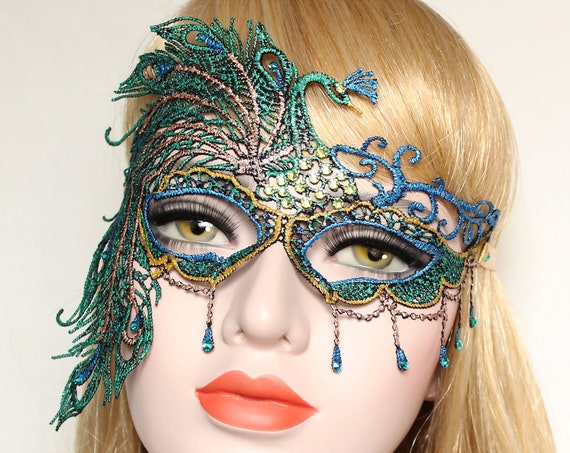 Peacock Masquerade Mask Mardi Gras Women Sexy Lace Mask Phantom Boudoir Crystal Bridal Mask Bachelorette Hen Party