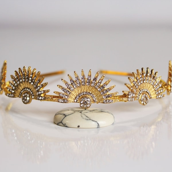 Gold Art Deco Celestial Headpiece Wedding Starburst Crown Tiara Bridal Sunburst Crown Downton Abbey 1920s Headband Great Gatsby Wedding