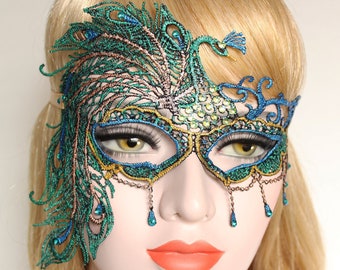 Peacock Masquerade Mask sexy Peacock Feather Mask Women Mardi Gras Lace Mask Phantom Boudoir Crystal Bridal Mask Bachelorette Hen Party