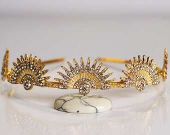 Gold Art Deco Celestial Headpiece Wedding Starburst Crown Tiara Bridal Sunburst Crown Downton Abbey 1920s Headband Great Gatsby Wedding