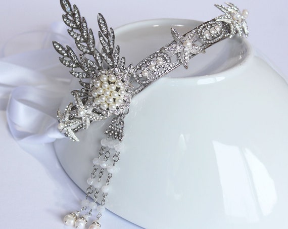 Starfish Wedding Crown Gatsby Headpiece for 1920s Star Wedding Dress Art Deco Star Fish Bridal Tiara Celestial Wedding Under the sea Tiara