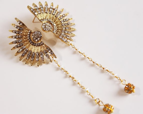 Gold Art Deco Celestial Earrings 1920s Star Pearl Earrings Crystal Starburst Earrings Great Gatsby Wedding Sunburst Avant garde earrings