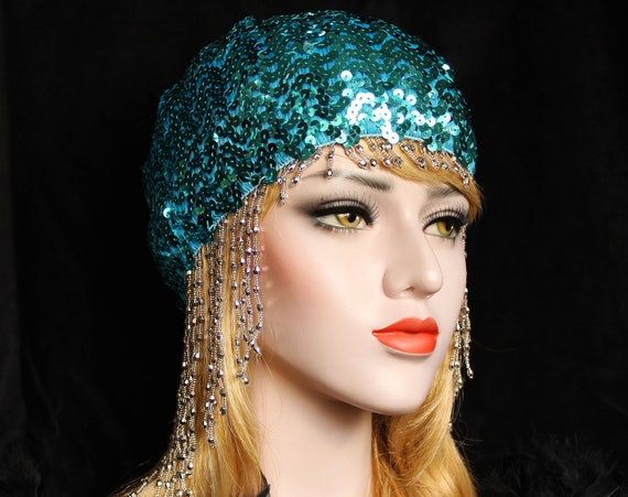 Turquoise Gatsby Headpiece Art Deco Roaring 20s Beaded Cap Sequin Flapper Headpiece Downton Abbey Bridal Headpiece Gatsby Wedding Dress