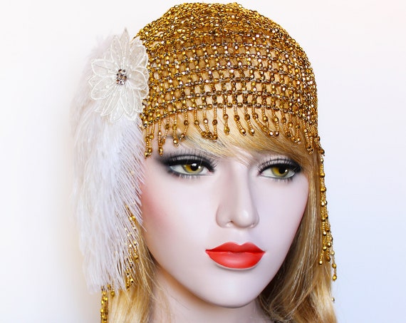 1920s beaded Headpiece Great Gatsby headpiece gold White Feather Flapper Headband Downton Abbey Bridal Headpiece Roaring 20s Wedding Dress