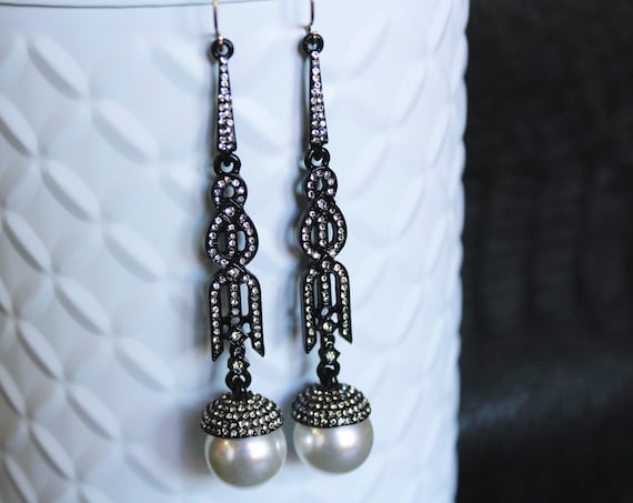 Art Deco Earrings 1920s Pearl Earrings Gatsby Earrings Black Geometric Earrings Long Roaring 20s Earrings Gatsby Wedding Earrings