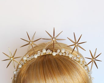 Gold Star Crown 1920s Starburst Halo Boho Celestial Wedding Headpiece Celestial Goddess Bridal Tiara Wedding Dress Bride Gift