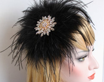 Black Gold Feather Fascinator Gatsby Headpiece Feather Hair piece 1920s Dress Bridal Hair Clip Bachelorette Hen Party