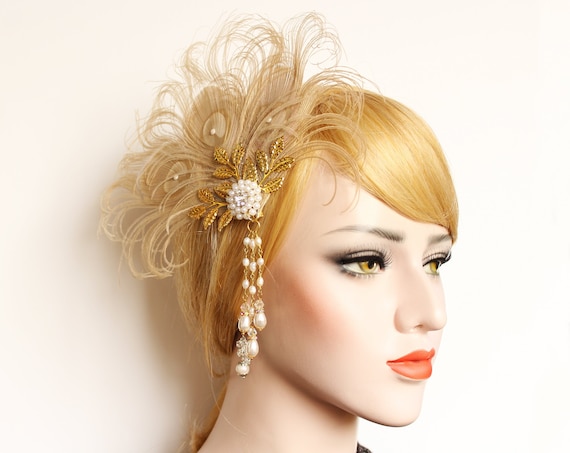 Gold Gatsby feather hair clip 1920s Wedding Dress Fascinator Art Deco Roaring 20s Peacock Hair piece Bridal Hair clip fascinator