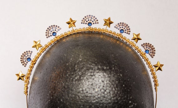 Sapphire Art Deco Celestial Headpiece 1920s Gold Wedding Starburst Tiara Star Wedding Headpiece Sunburst Crown Blue Gold headband