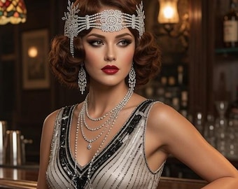 Tocado de boda estilo Gatsby, diadema estilo flapper de los años 20, diadema nupcial estilo Gatsby, diadema Art Déco, diadema de encaje dorado, tocado de encaje plateado