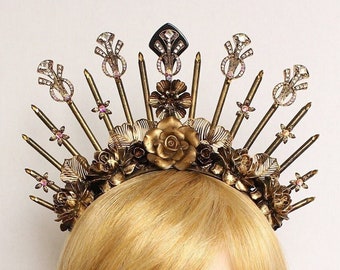 Dark Halo Headpiece Black Crown Flower Witch Goddess Headdress Gothic Wedding Spiked Halo Crown Vintage Gold Headband Burlesque Headpiece