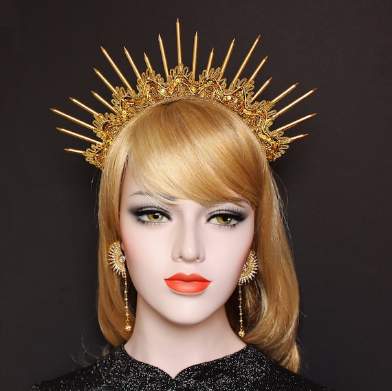 Gold Star Spike Crown Celestial star Halo Headband Wedding Headpiece Starburst Goddess Headband Virgin Mary Bridal Crown Heavenly Bodies