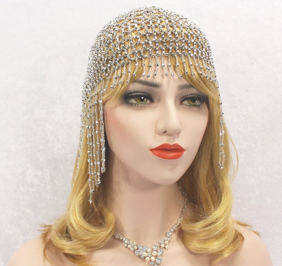 1920s Gatsby Headpiece 20s Soiree Flapper Beaded Cap Art Deco Hair Piece Gatsby Dress Bachelorette Hen Party Feather Flapper Headpiece