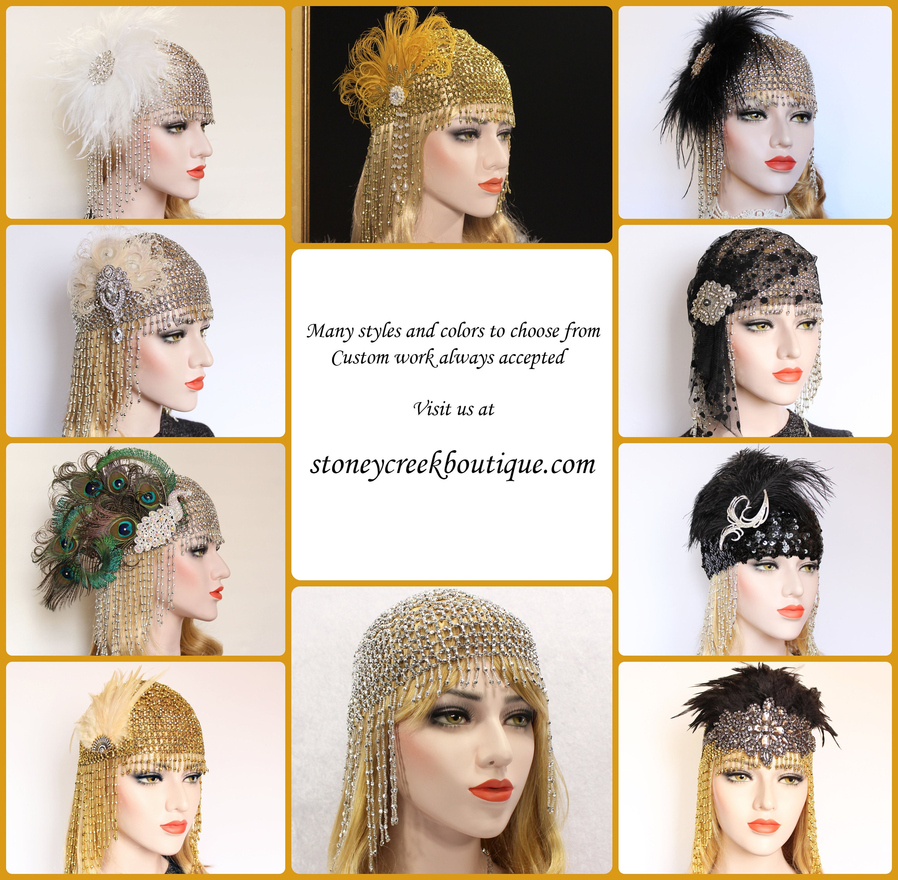 Gatsby Headpiece 20s Beaded Cap Feather Flapper Headband 1920s