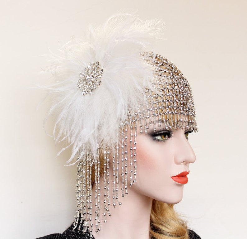 Gatsby Beaded Cap Wedding Headpiece 1920s vintage headband Feather headdress great Gatsby flapper roaring 20s dress Gatsby wedding dress