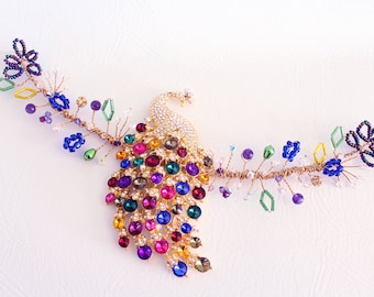 Peacock Crystal hair Comb Gold Peacock Bridal Hair piece unique Colorful Headpiece Statement Wedding Hair Vine Wreath for Bride