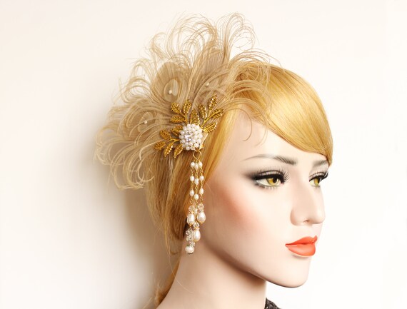 Silver Gatsby feather hair clip 1920s Wedding Dress Fascinator Art Deco Roaring 20s Peacock Hair piece Bridal Hair clip fascinator