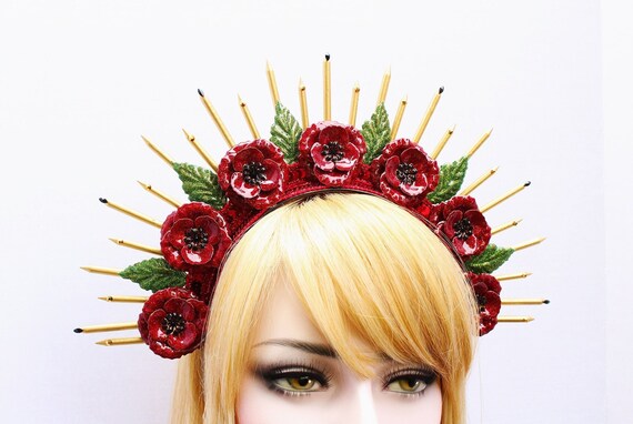 Red Poppy Flower Headband Poppies Halo Crown Enamel Flower Tiara Poppy Crown