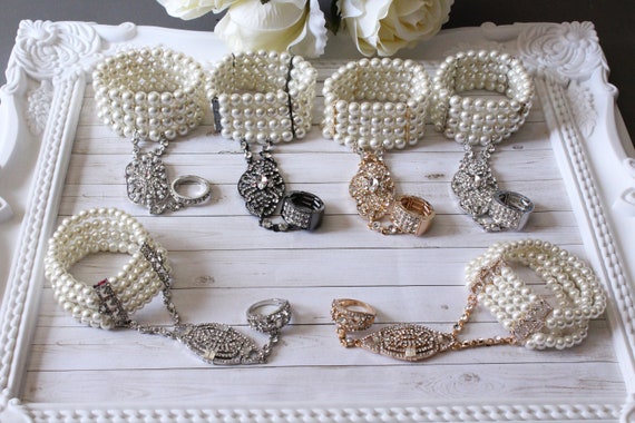 1920s Slave Bracelet Art Deco Pearl Bracelet Ring Hand chain 20s Flapper Girl Downton Abbey Gatsby Wedding Dress Jewelry Bridal bracelet