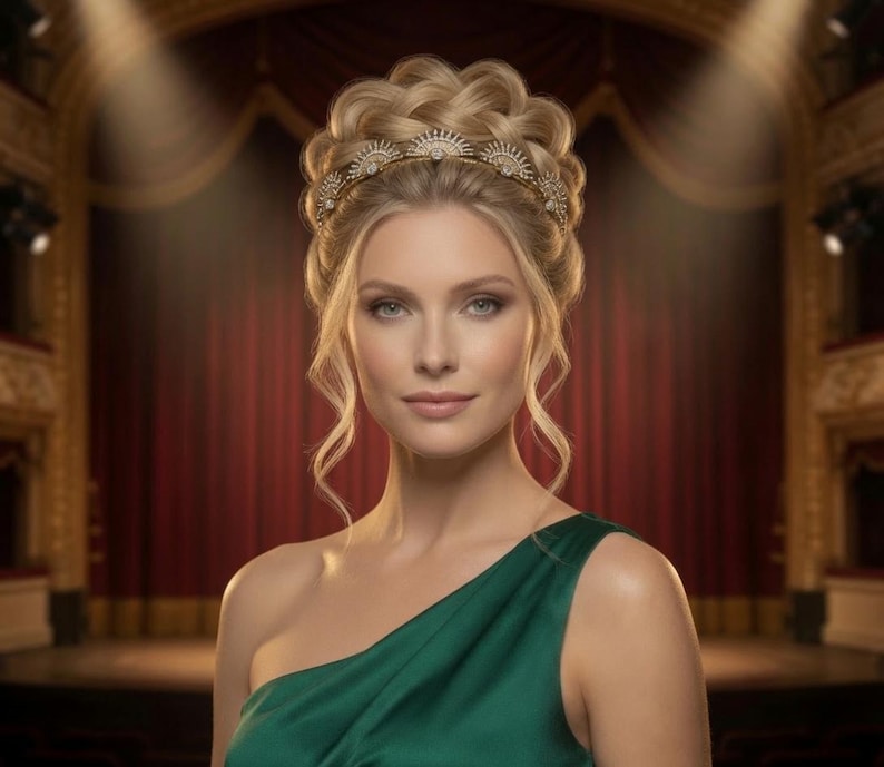 Tiara Art Decó Starburst Crown, auténtica, usada en pantalla, "Iris Vos", archivo 81, serie de TV de Netflix imagen 1