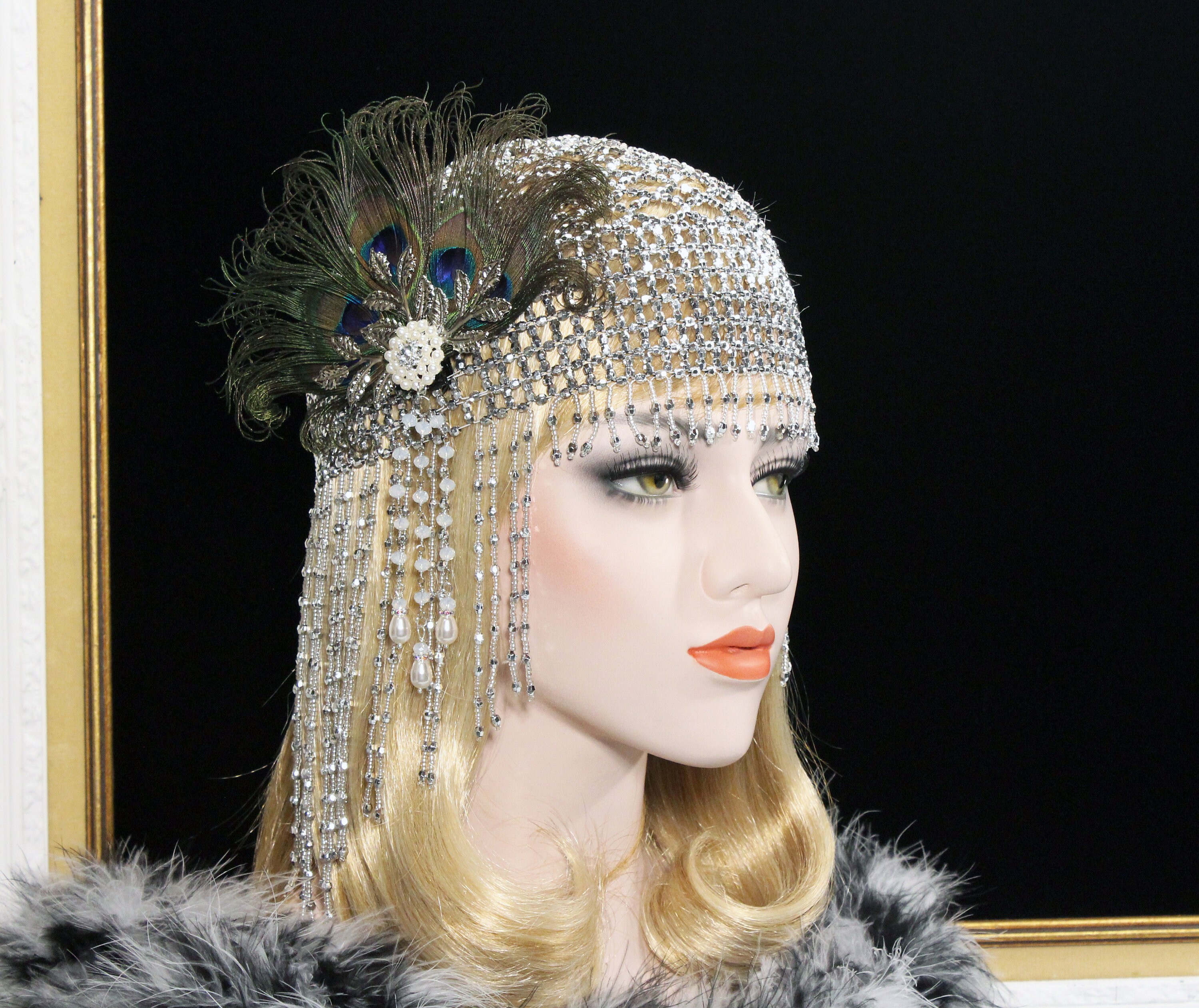 1920s Great Gatsby Headpiece Gold 20s Soiree Flapper Beaded Cap Art Deco Hair Piece Gatsby Dress Bachelorette Hen Party Feather Flapper