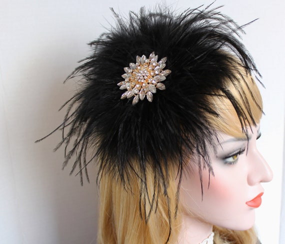 Black Gold Feather Fascinator Gatsby Headpiece Feather Hair piece 1920s Dress Bridal Hair Clip Bachelorette Hen Party