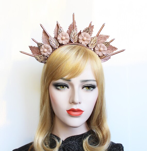 Rose Gold Goddess Crown Lace Halo Crown Flower Headpiece Spike Headband Virgin Mary Bridal Crown Starburst Headdress Burning Man Costume