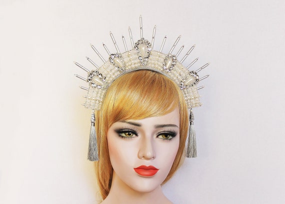 Pearl Halo Headpiece Silver Spike Crown Bridal Headband Edwardian Crown Gatsby Wedding Dress Headpiece Roaring 1920s Burlesque Headdress