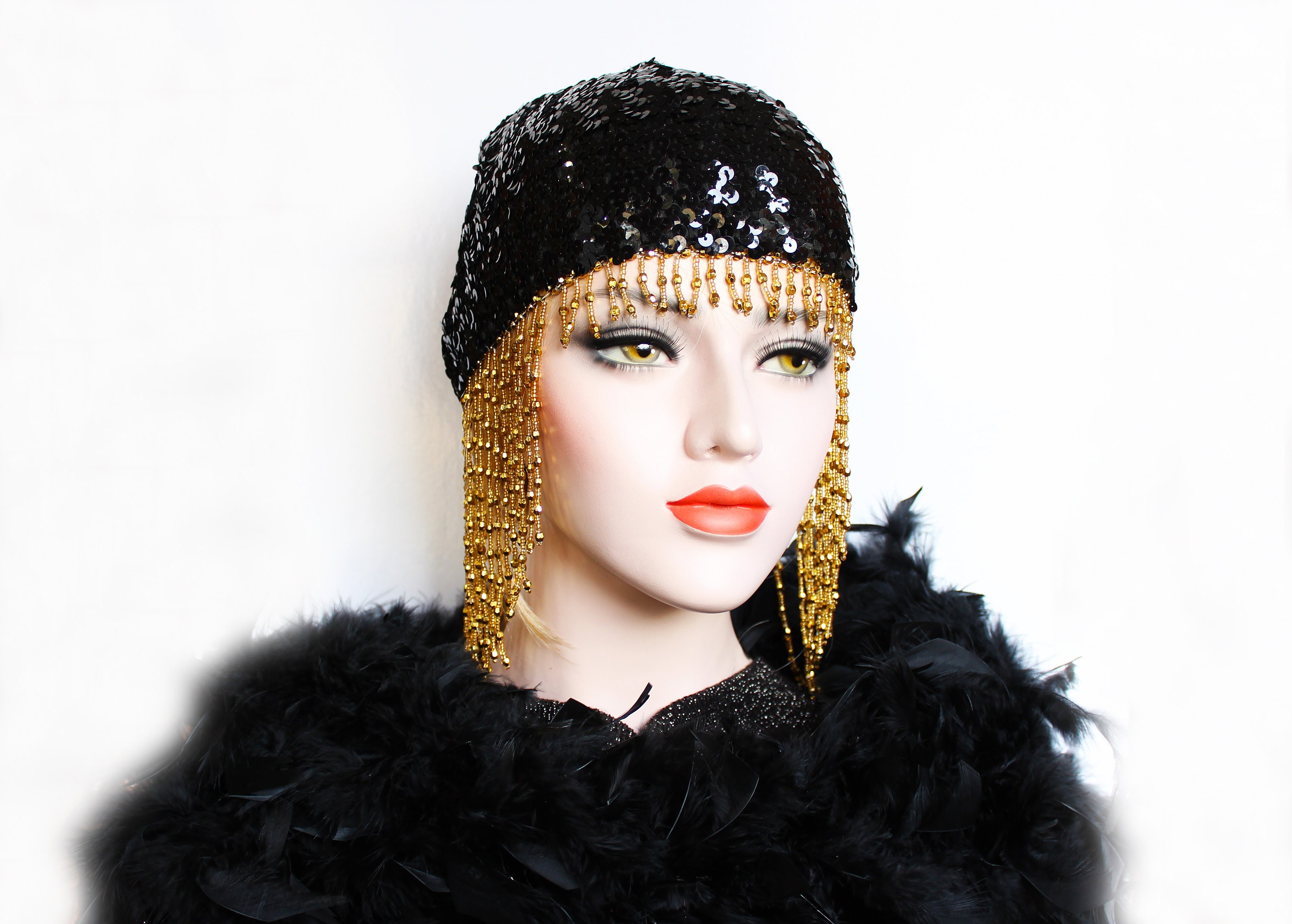 Black Gatsby Headpiece Roaring 20s Beaded Cap Silver Sequin | Etsy