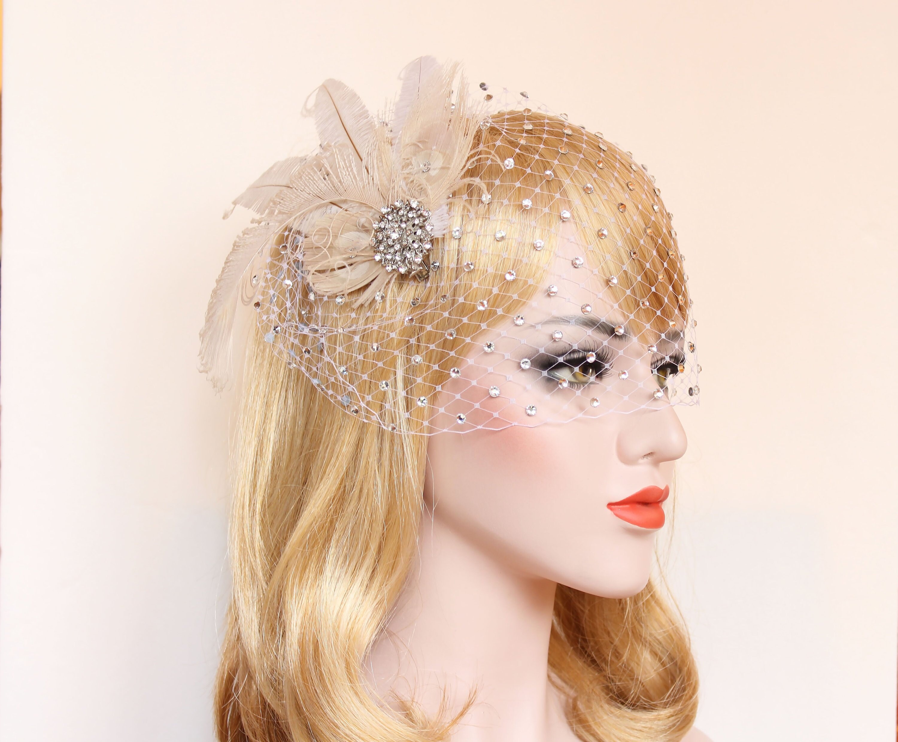 Birdcage Veil With Pearls Wedding Feather Hair Clip Bridal