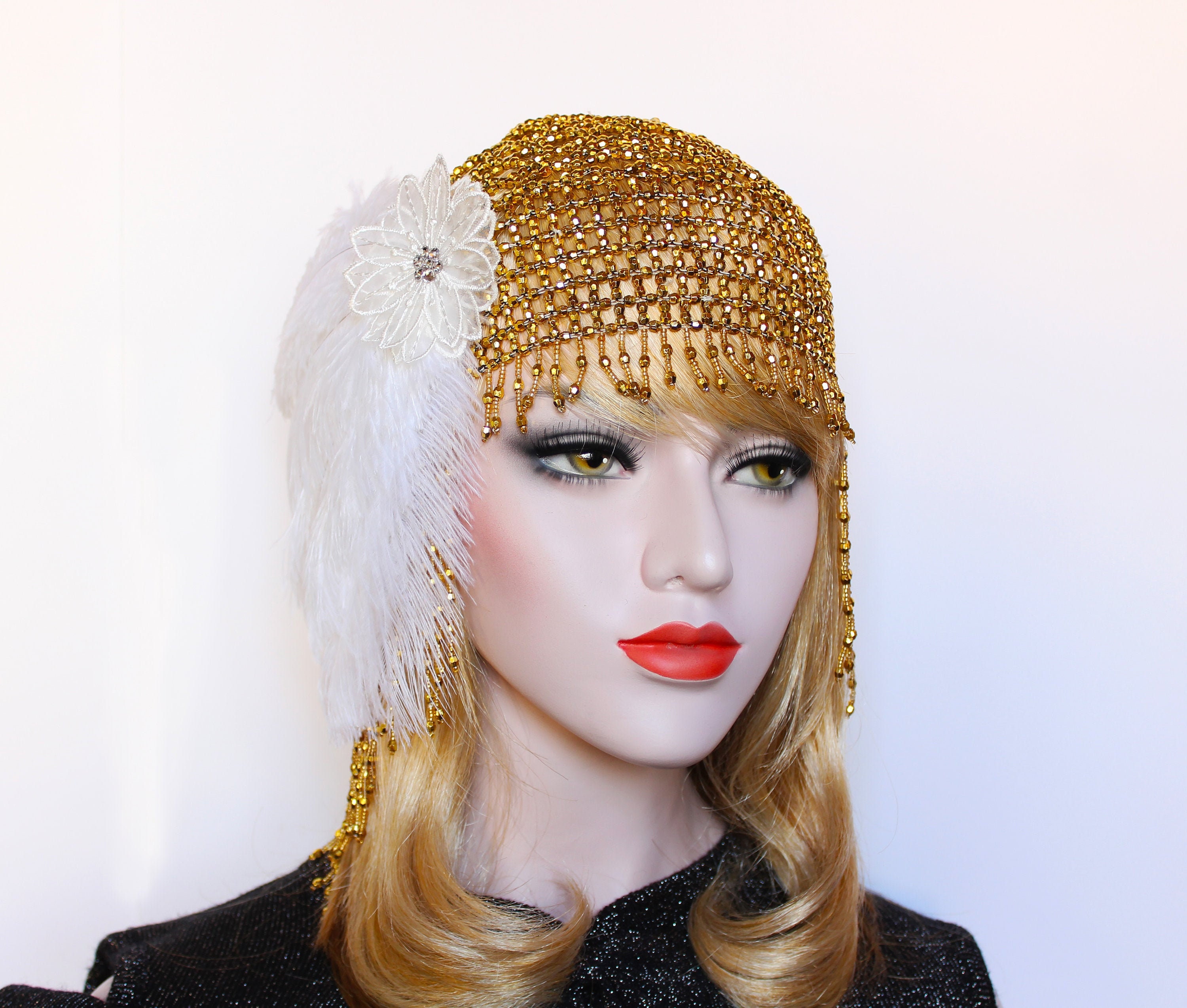 1920s beaded Headpiece Great Gatsby headpiece gold White Feather
