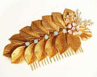 Bronze Leaf Bridal Hair Comb Luxury Leaf Crystal Hair Piece Wedding Comb for Bride Something Blue for Bride
