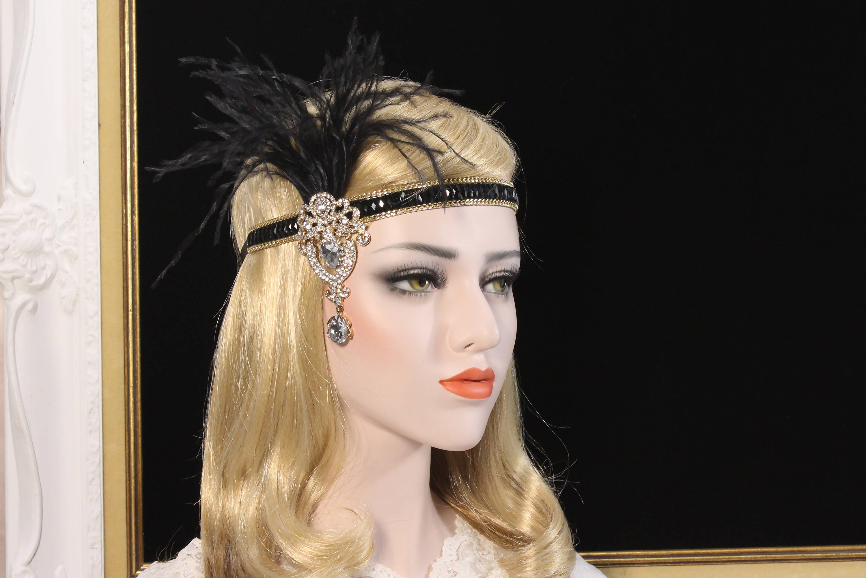 Gold S Bridal Flapper Headband Black Roaring S Feather Gatsby