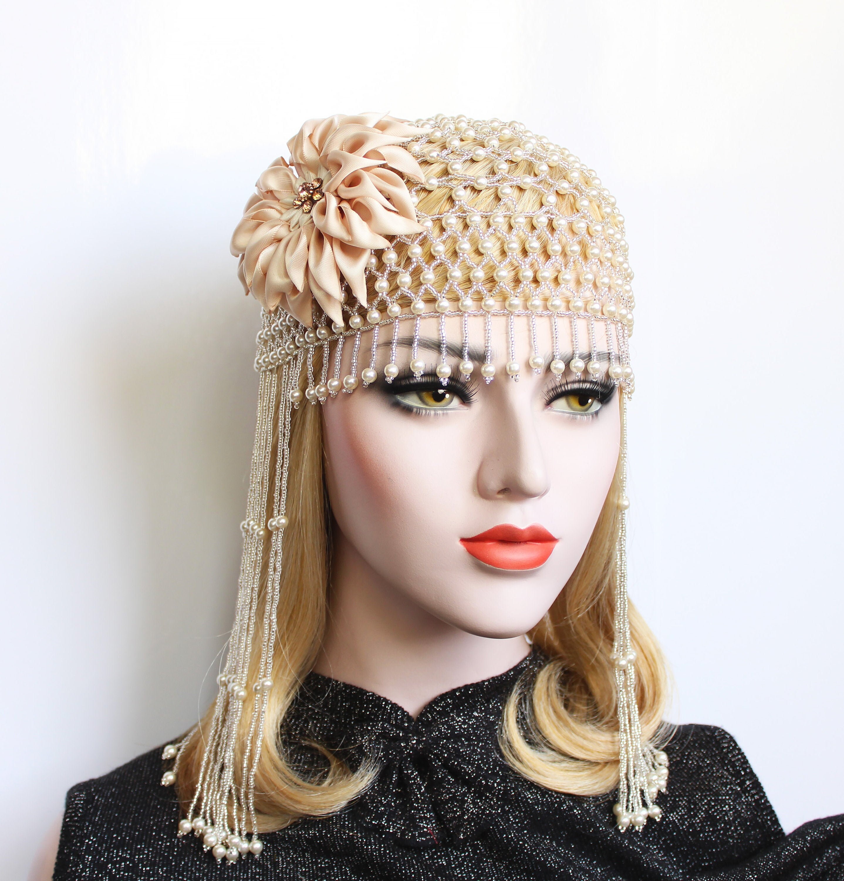 1920s fully beaded flapper cap Gatsby Wedding headpiece Pearl head cap