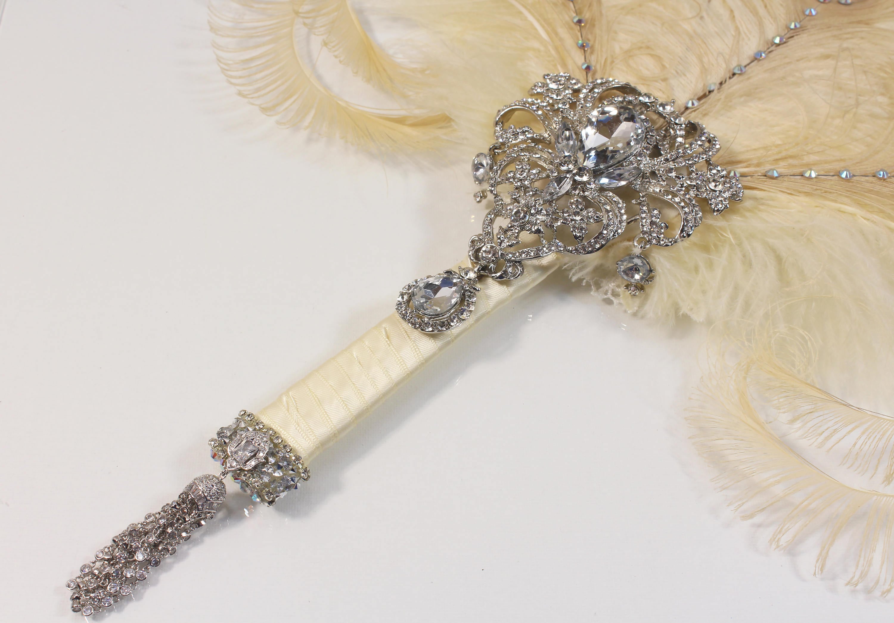 Gatsby Ostrich Feather Fan Bridal Brooch Bouquet 1920s Wedding