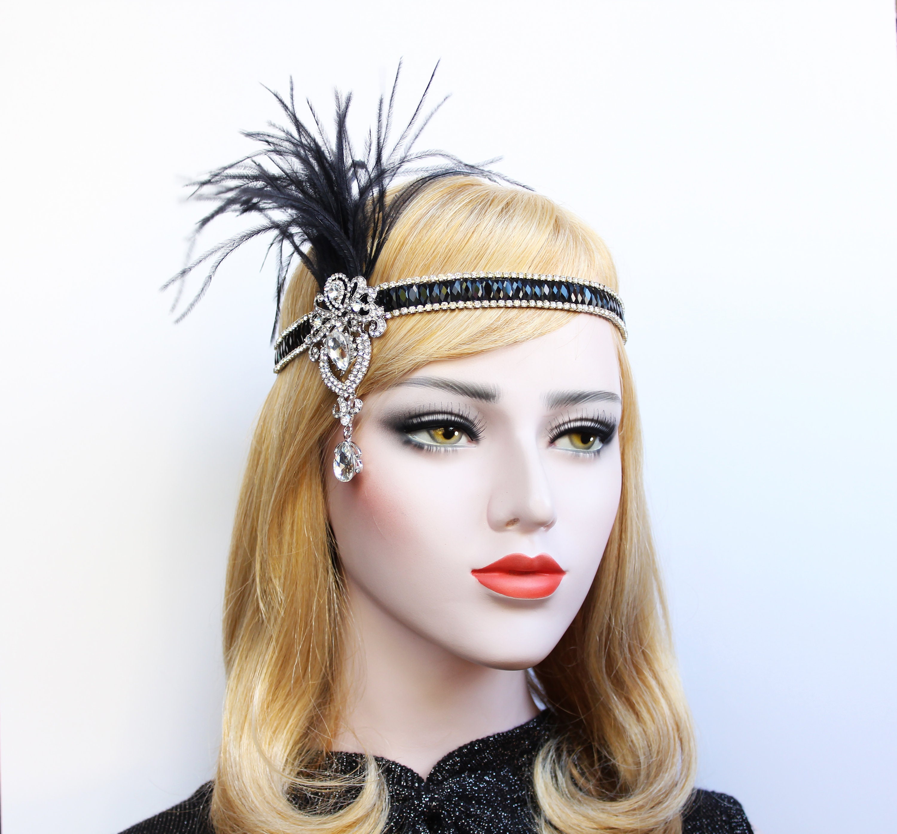Gold 1920s Bridal Flapper Headband Black Roaring 20s Feather - Etsy UK