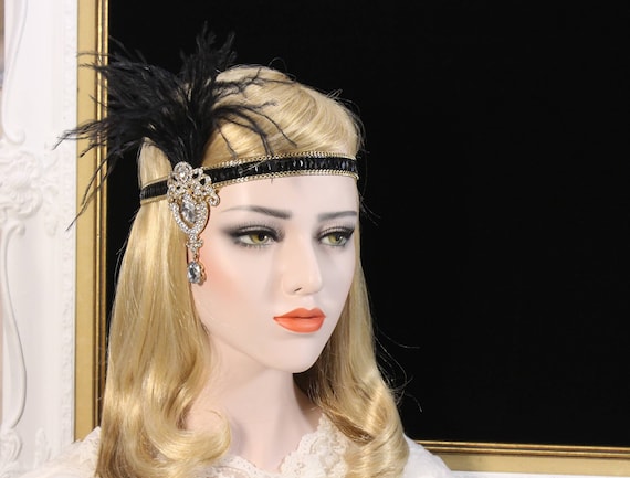 Gold 1920s Bridal Flapper Headband Black Roaring 20s Feather Gatsby Headpiece Art Deco headband for Gatsby Wedding Dress Bridesmaid headband