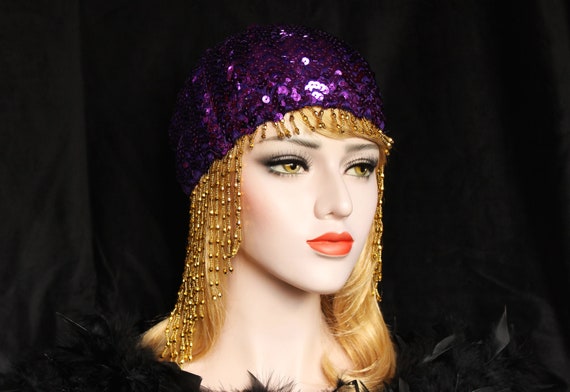 Purple Gatsby Headpiece Roaring 20s Sequin Beaded Cap Gold Flapper Headpiece Downton Abbey Bridal Headpiece for Gatsby Wedding Dress