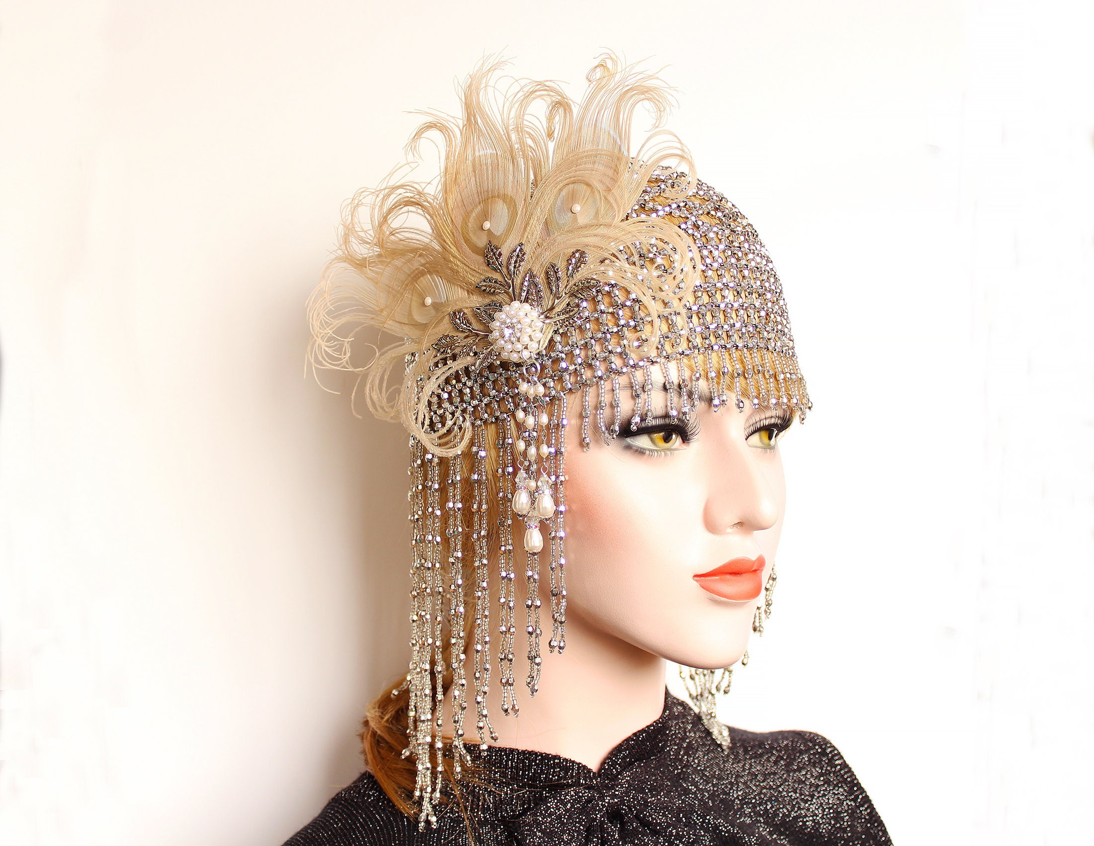 VINTAGE CRYSTAL PEARLS Feather Headband 1920 S Great Gatsby Garçonne Coiffe 