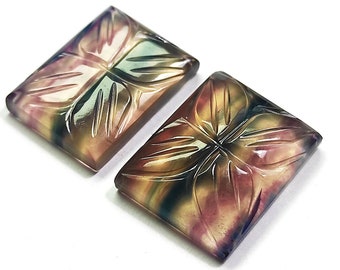 Bio Fluorite, Fluorite Pair, Multi Purple Fluorite Craved Octagon, Fluorite Cabochon Stone For Jewelry Making - 20x15x5mm