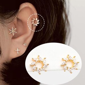 4pcs CZ Pave Gold Flower Earrings, Dainty Hoop Earrings (GB-3377)