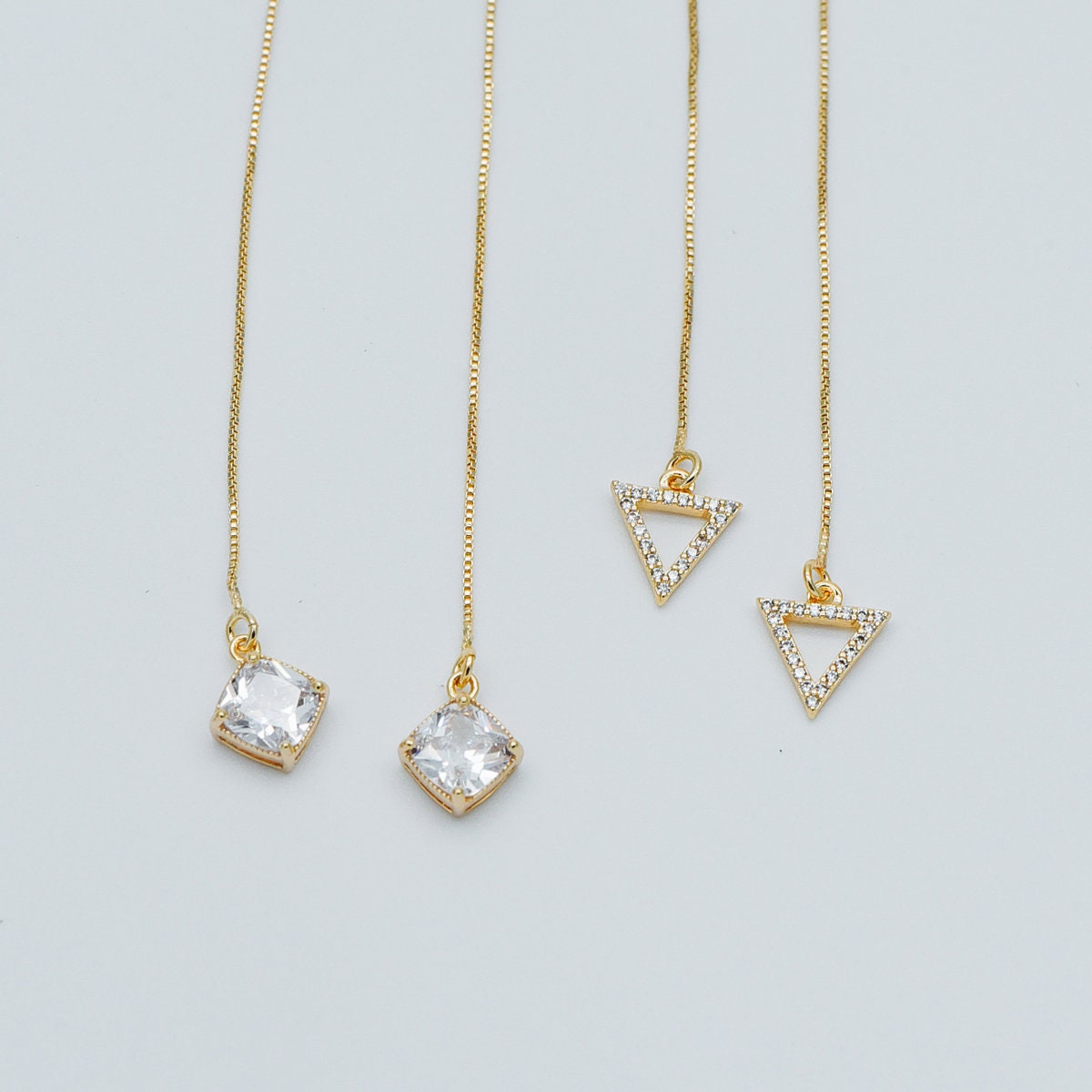 CZ Gold Threader Earrings Geometric Long Dangle Earrings Etsy