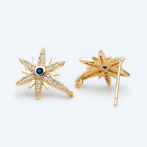 4pcs CZ Pave North Star Ear Posts With Loops,25x11mm, Real