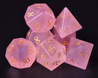 Elegant Rose Quartz : Unique Gemstone D20 Dice Set for Dungeons and Dragons Players